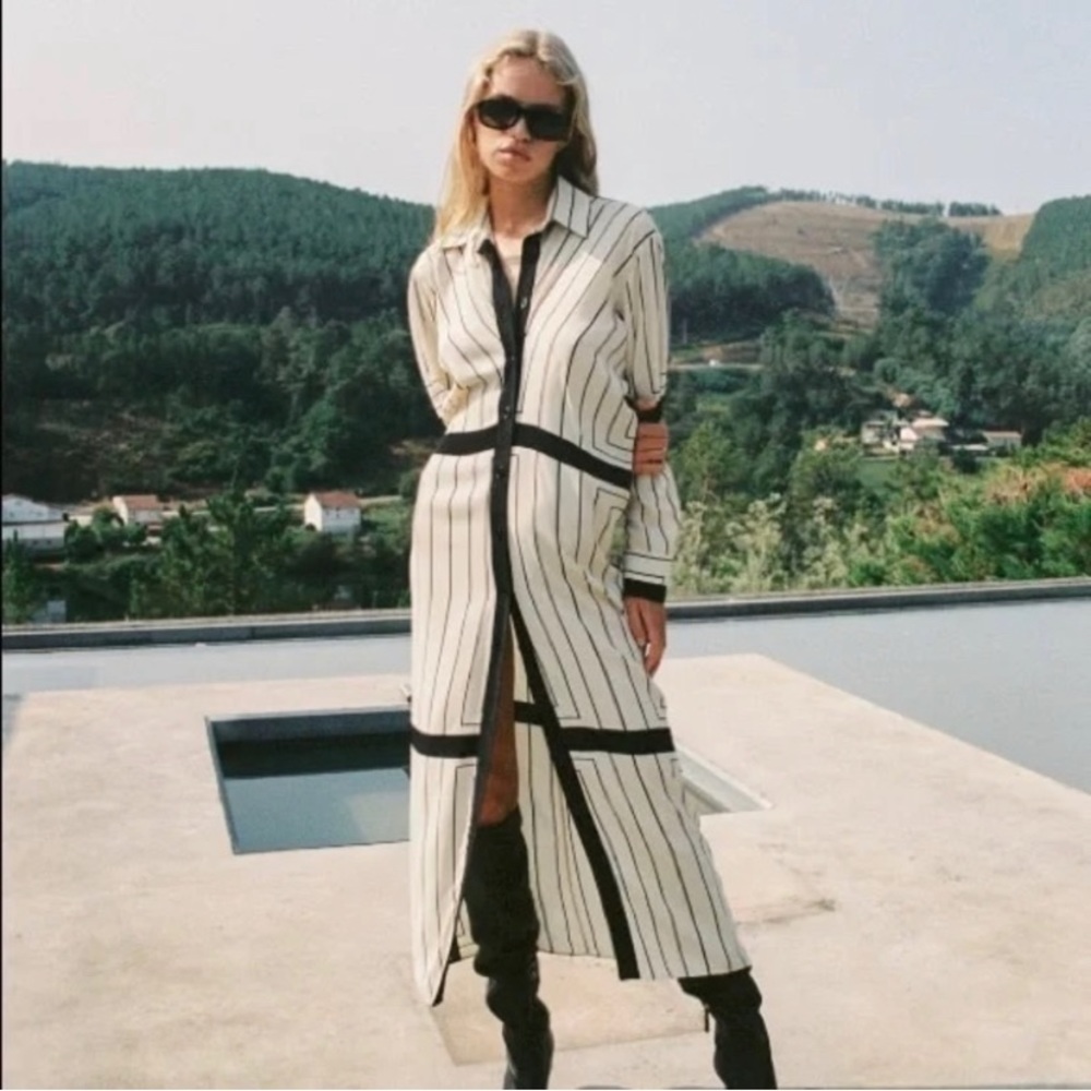 NWT Zara Blogger Favorite Long Striped Shirtdress Black Ecru Sz Large